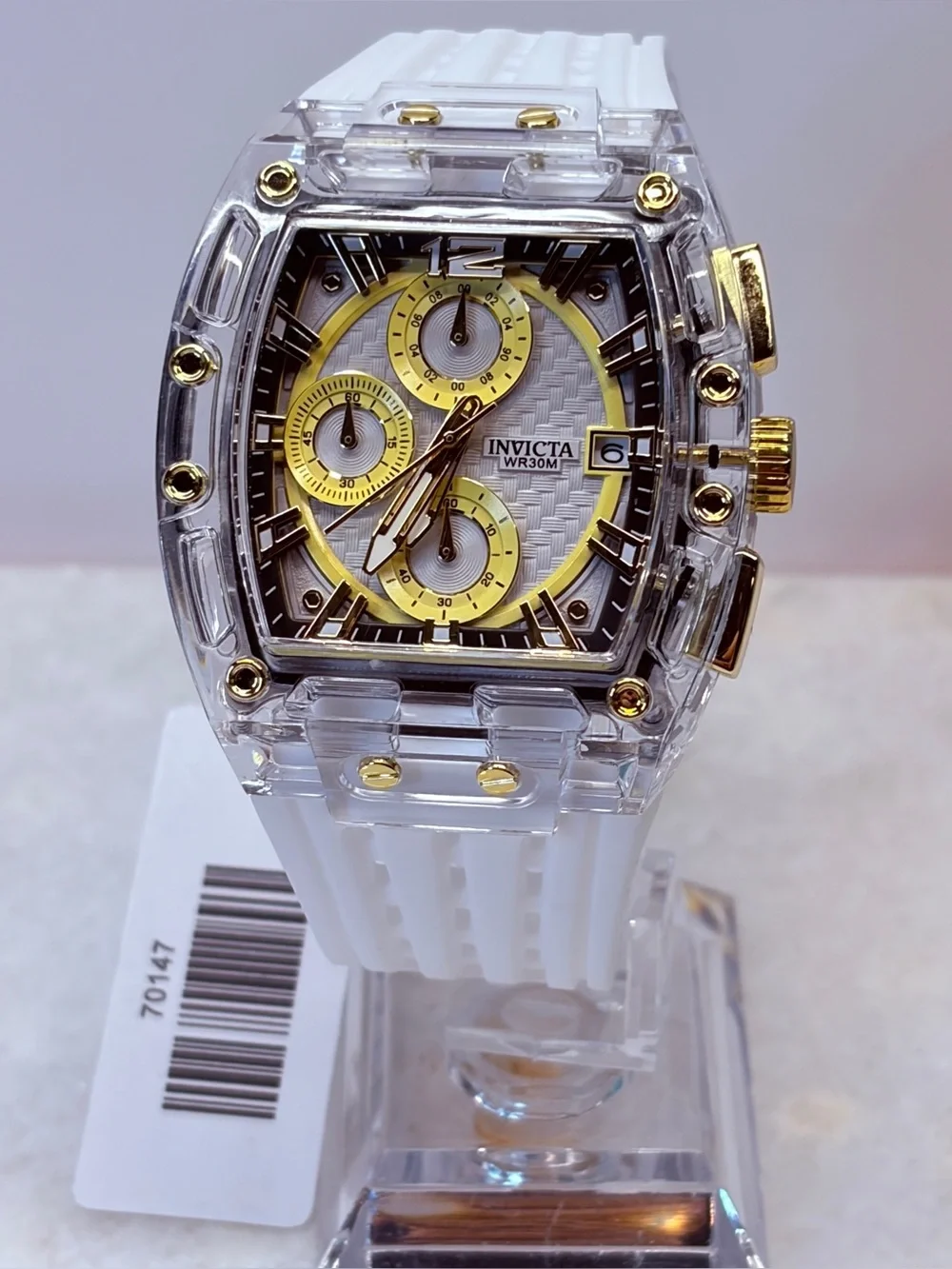 Invicta S1 Rally 42mm Clear Case Chronograph Watch - White Silicone Band